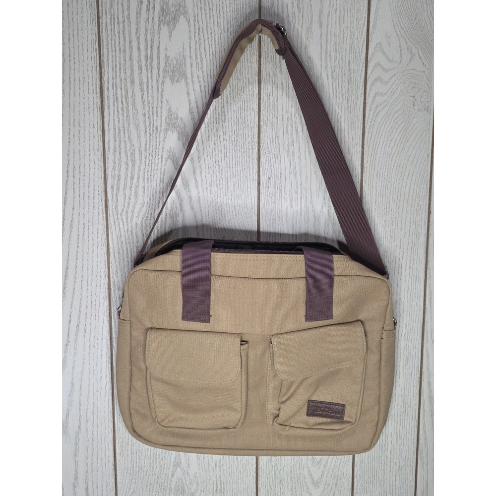 Bella Russo Khaki Canvas Laptop Messenger Bag Brown Trim Adjustable Strap 15in